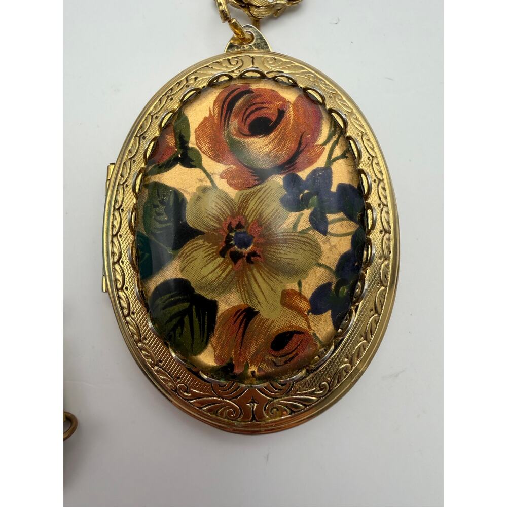 Vintage Miriam Haskell Large Floral Locket Pendant Necklace Signed 1970s - Picture 3 of 9